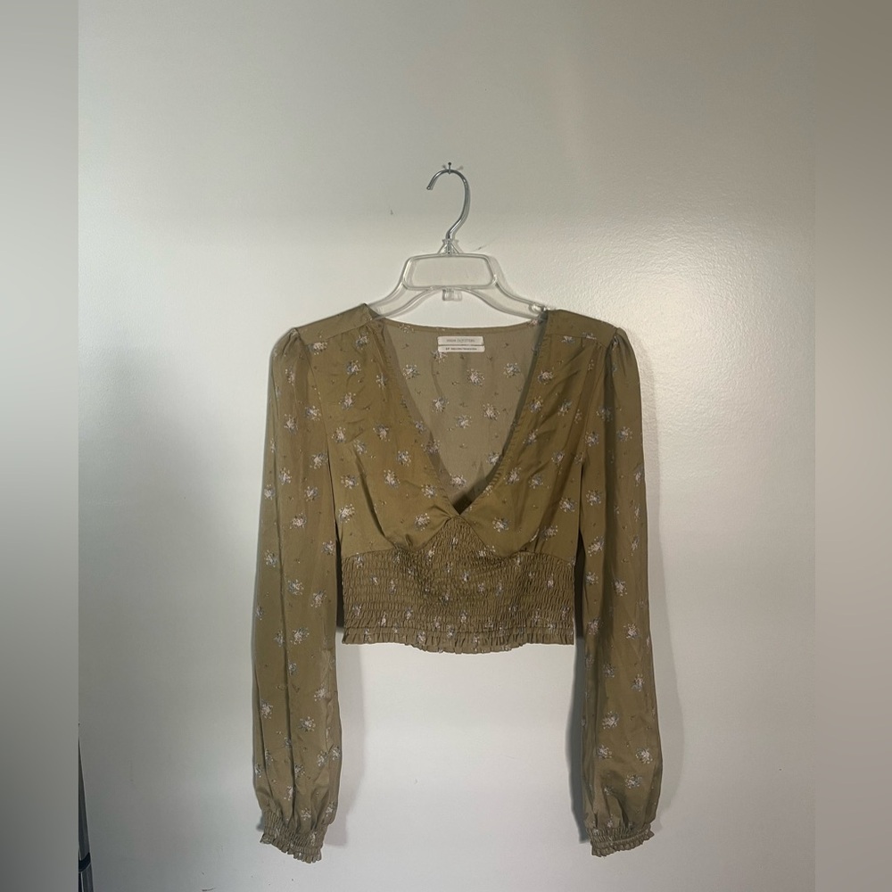 Urban Outfitters Olive Floral V-Neck Smocked Waist Blouse